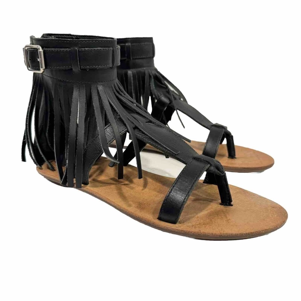 Loeffler Randall Womens Gladiator Fringe Sandals Flats Black Leather Shoe Size 6